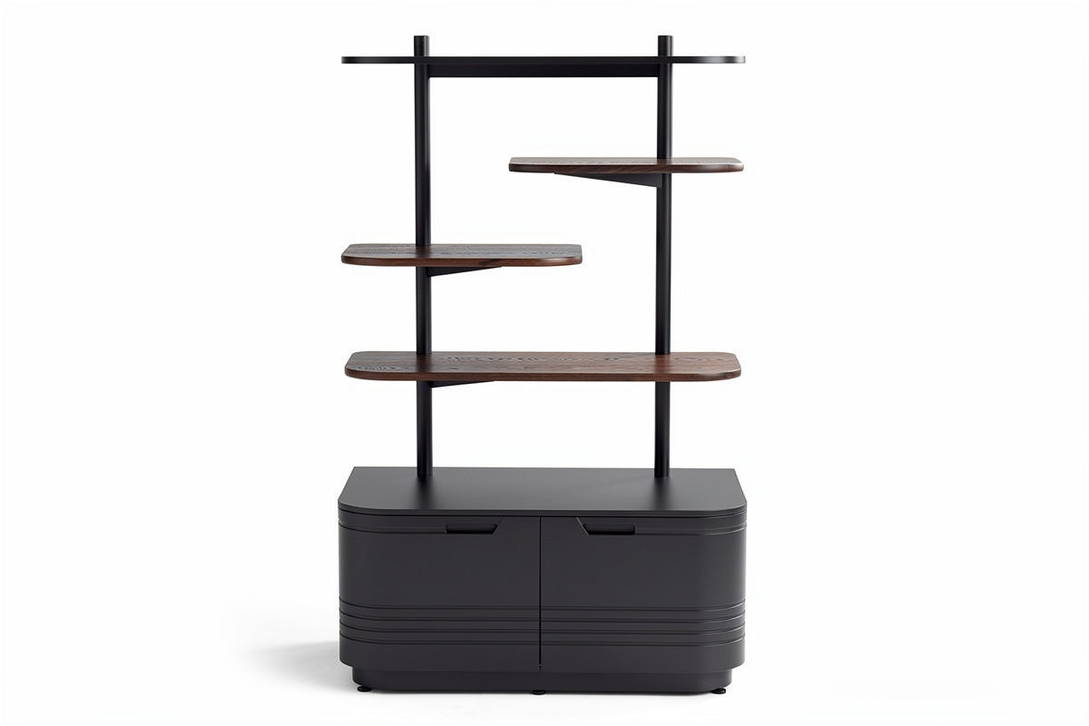 **Technische titel in het Nederlands: Modern Design Boekenkast met Zwarte Basis en Houten Planken**