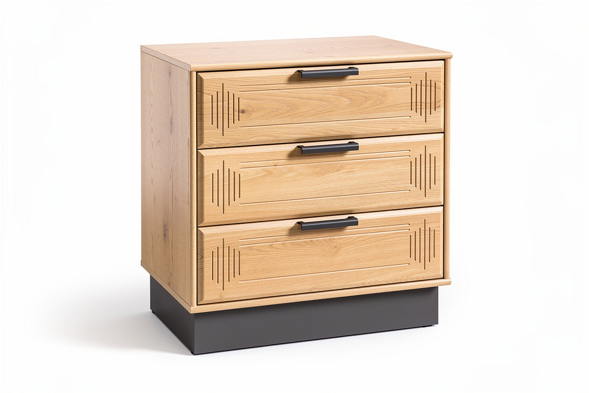 **Technische titel in het Nederlands: **Moderne houten nachtkast met drie lades**