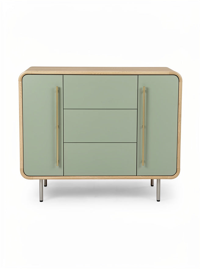 **Technische Titel in het Nederlands: Moderne groen-gelamineerde kast met houten accenten**